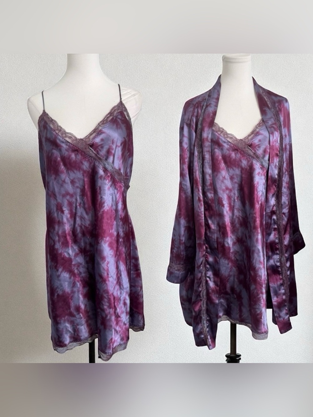 Vintage Satin Tie-Dye Slip Dress & Robe Set – Purple & Blue Lace Trim L witchy
